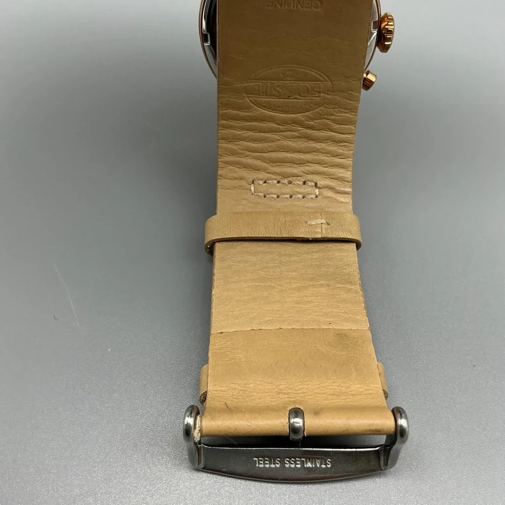 Fossil Womens Watch 38mm Rose Gold Tone Leather Chronograph Date New Battery